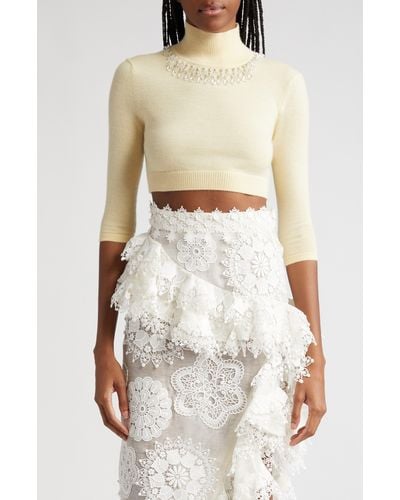 Zimmermann Matchmaker Crystal Embellished Crop Wool Turtleneck Sweater - White