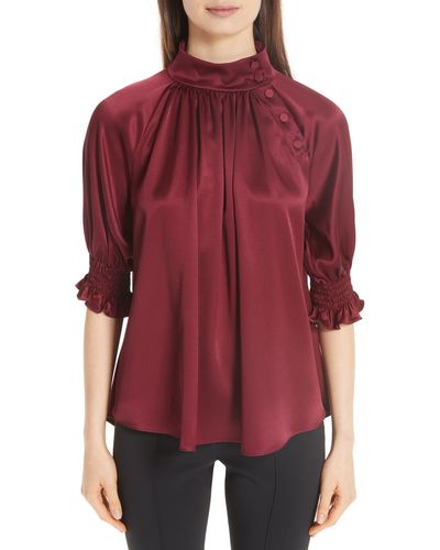 Adam Lippes Silk Charmeuse Smocked Blouse - Red