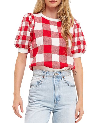 English Factory Gingham Puff Sleeve Sweater - Red