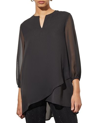 Ming Wang Chiffon Sleeve High-low Top - Black