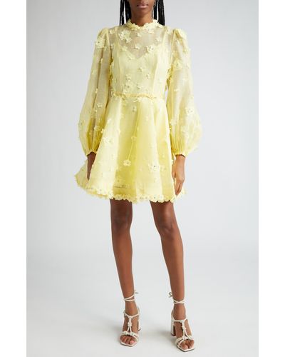 Zimmermann Matchmaker Floral Appliqué Long Sleeve Linen & Silk Organza Minidress - Yellow
