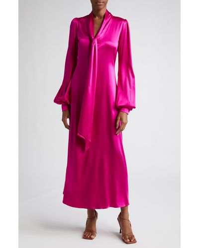House of Aama Becca Pussybow Long Sleeve Silk Charmeuse Dress - Pink