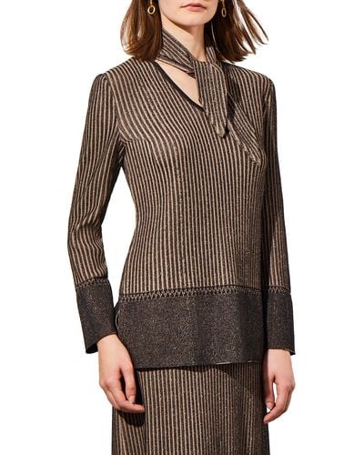 Ming Wang Shimmer Stripe Contrast Border Sweater With Scarf Tie - Brown