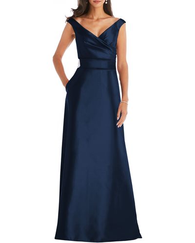 Alfred Sung Off The Shoulder Satin Gown - Blue
