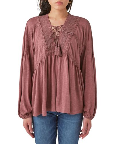Lucky Brand Lace-up Trim Peasant Top - Red