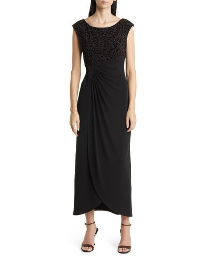 Connected Apparel Beaded Bodice Cap Sleeve Faux Wrap Cocktail Dress - Black