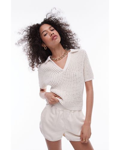 TOPSHOP Short Sleeve Chunky Cotton Sweater - Natural