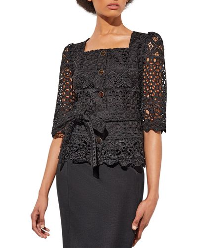 Ming Wang Guipure Lace Belted Jacket - Black