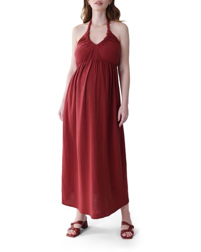 Ingrid & Isabel Halter Cotton Midi Maternity Dress - Red