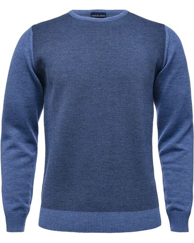 Emanuel Berg Herringbone Crewneck Merino Wool Sweater - Blue