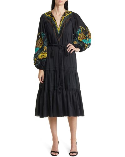 Kobi Halperin Embroidered Long Sleeve Tiered Cotton & Silk Dress - Black