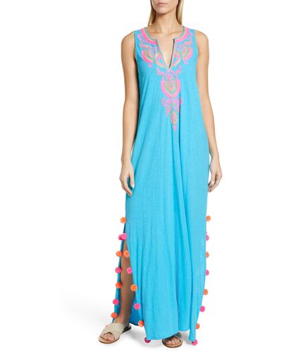 Lilly Pulitzer Nolia Embroidered Pompom Cotton Cover-up Dress - Blue