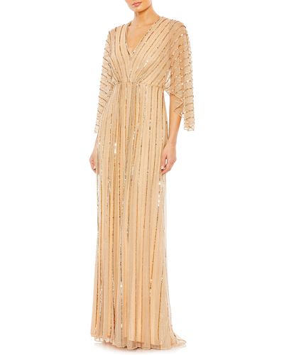Mac Duggal Beaded Stripe Mesh A-line Gown - Natural