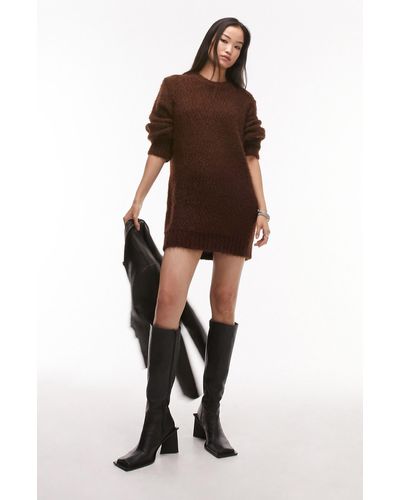 TOPSHOP Knitted Boucle Crew Neck Mini Dress - Brown