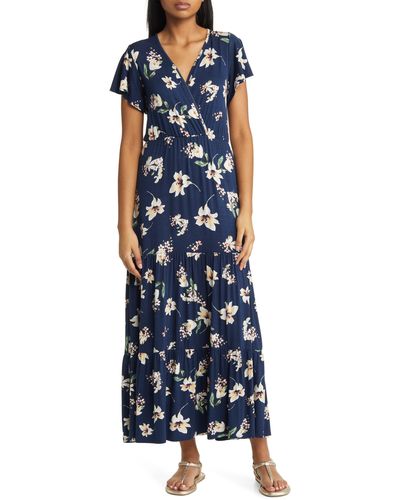 Loveappella Floral Tiered Faux Wrap Knit Maxi Dress - Blue