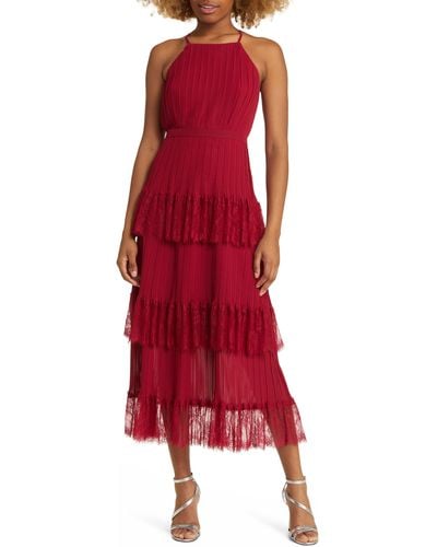 Lulus Came For Cocktails Pleated Lace Midi Dress - Red