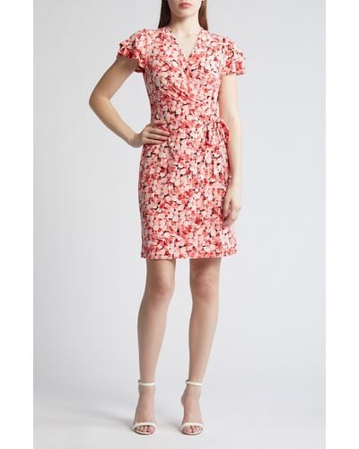 Anne Klein Abstract Floral Flutter Sleeve Wrap Dress - Red