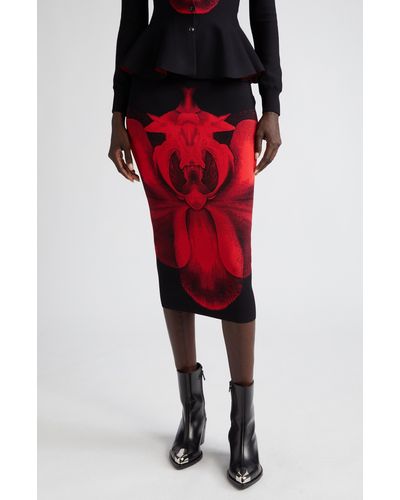 Alexander McQueen Orchid Print Pencil Skirt - Red