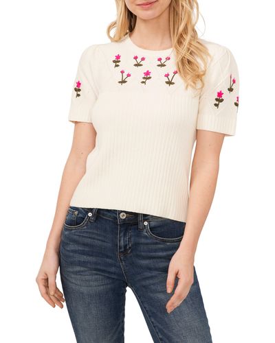 Cece Embroidered Flowers Rib Sweater - Blue
