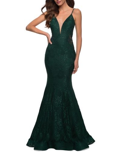 La Femme Sleeveless Lace Mermaid Gown - Green