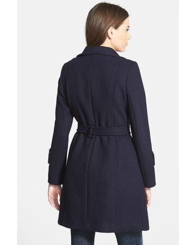Tahari 'india' Stand Collar Belted Wool Blend Coat - Blue