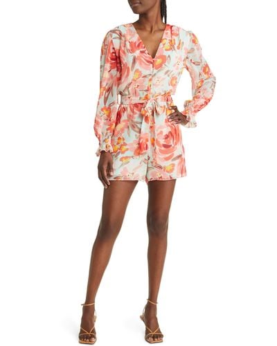 Fraiche By J Floral Long Sleeve Tie Waist Romper At Nordstrom - Red