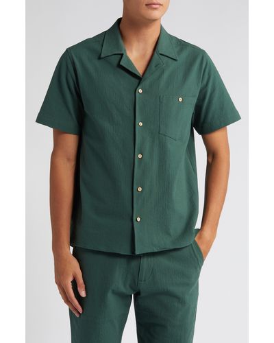 Percival Textured Solid Short Sleeve Cotton Button-up Shirt - Green