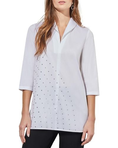 Ming Wang Stud Detail Shawl Collar Cotton Blend Shirt - White