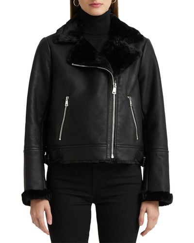 Lauren by Ralph Lauren Nappa Faux Leather Moto Jacket With Faux Shearling Lining - Black