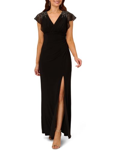 Adrianna Papell Beaded Jersey & Chiffon Faux Wrap Gown - Black