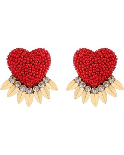 Deepa Gurnani Danika Beaded Fringe Heart Stud Earrings - Red