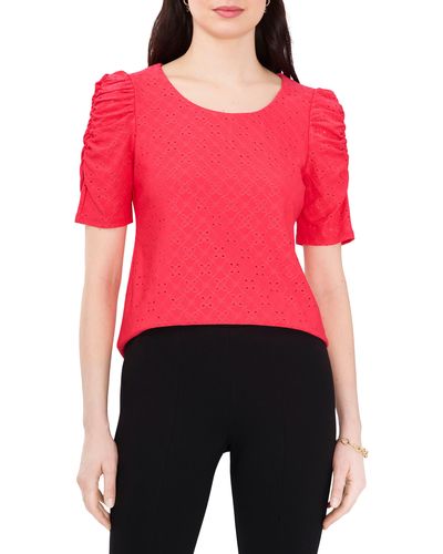 Chaus Eyelet Ruched Sleeve Top - Red