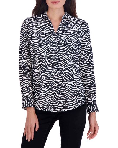 Foxcroft Mary Zebra Print Cotton Button-up Shirt - Black