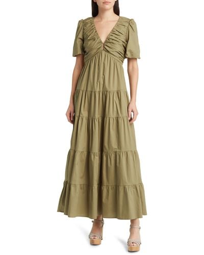 Charles Henry Ruched Tiered Dress - Green