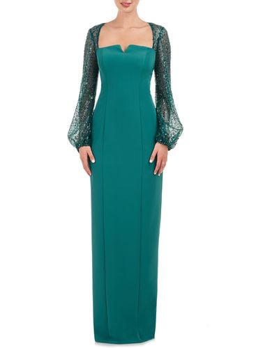 JS Collections Kim Sequin Long Sleeve Column Gown - Green