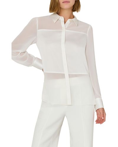 MILLY Andy Semisheer Satin Button-up Top - White