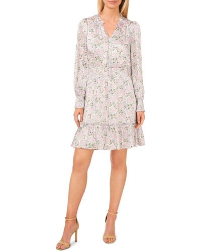 Cece Floral Smocked Ruffle Long Sleeve Dress - Natural