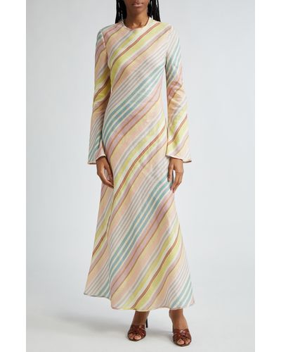 Zimmermann Halliday Stripe Bias Cut Long Sleeve Linen Maxi Dress - Natural