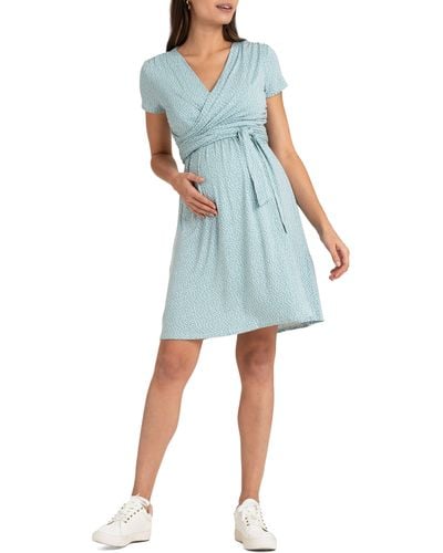 Seraphine Sage Dot Faux Wrap Maternity/nursing Dress - Blue