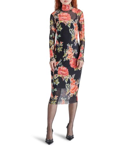 Steve Madden Vivienne Floral Long Sleeve Turtleneck Mesh Midi Dress - Black