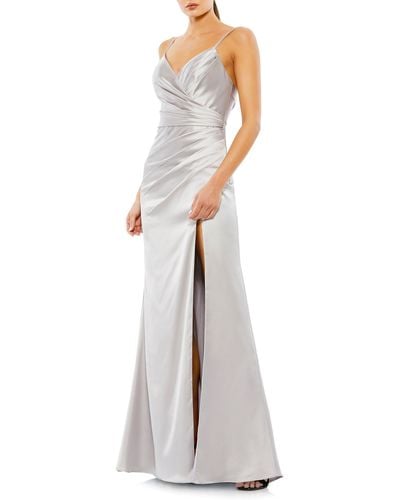 Mac Duggal Ruched Satin A-line Gown - White