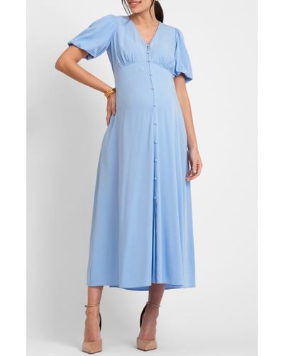 Seraphine Puff Sleeve Button-up Maternity Midi Dress - Blue
