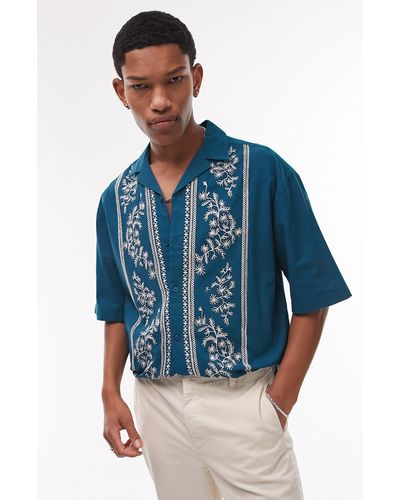 TOPMAN Border Embroidered Short Sleeve Cotton & Linen Button-up Shirt - Blue
