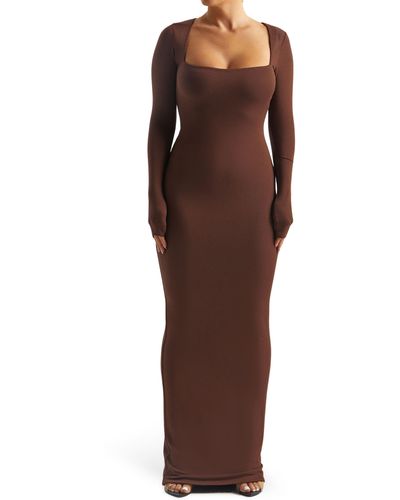 Naked Wardrobe Long Sleeve Square Neck Dress - Brown