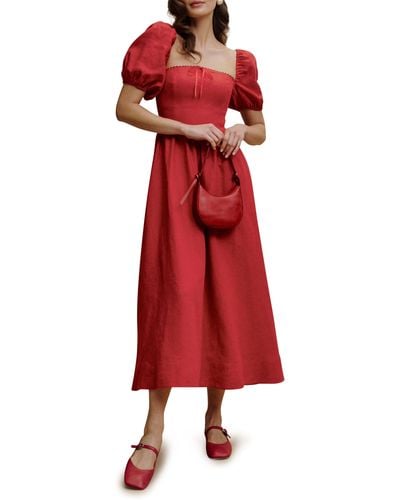 Reformation Marella Puff Sleeve Linen Dress - Red