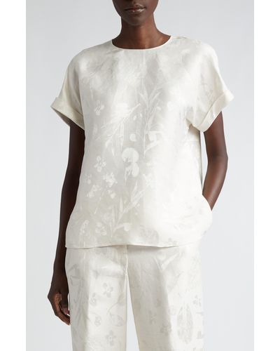 Lafayette 148 New York Floral Jacquard Short Sleeve Linen Blend Top - White