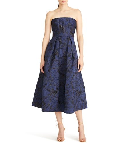 ML Monique Lhuillier Isabel Metallic Jacquard Strapless Midi Fit & Flare Dress - Blue