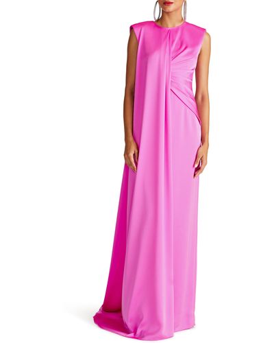 Halston Tara Pleat Drape Satin Gown - Pink