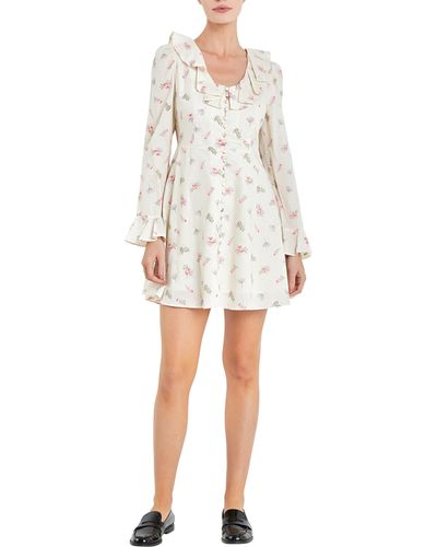English Factory Floral Ruffle Button Front Long Sleeve Minidress - White