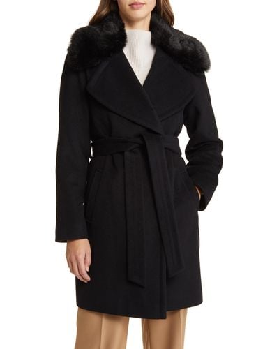 Via Spiga Belted Wool Blend Wrap Coat With Faux Fur Collar - Black